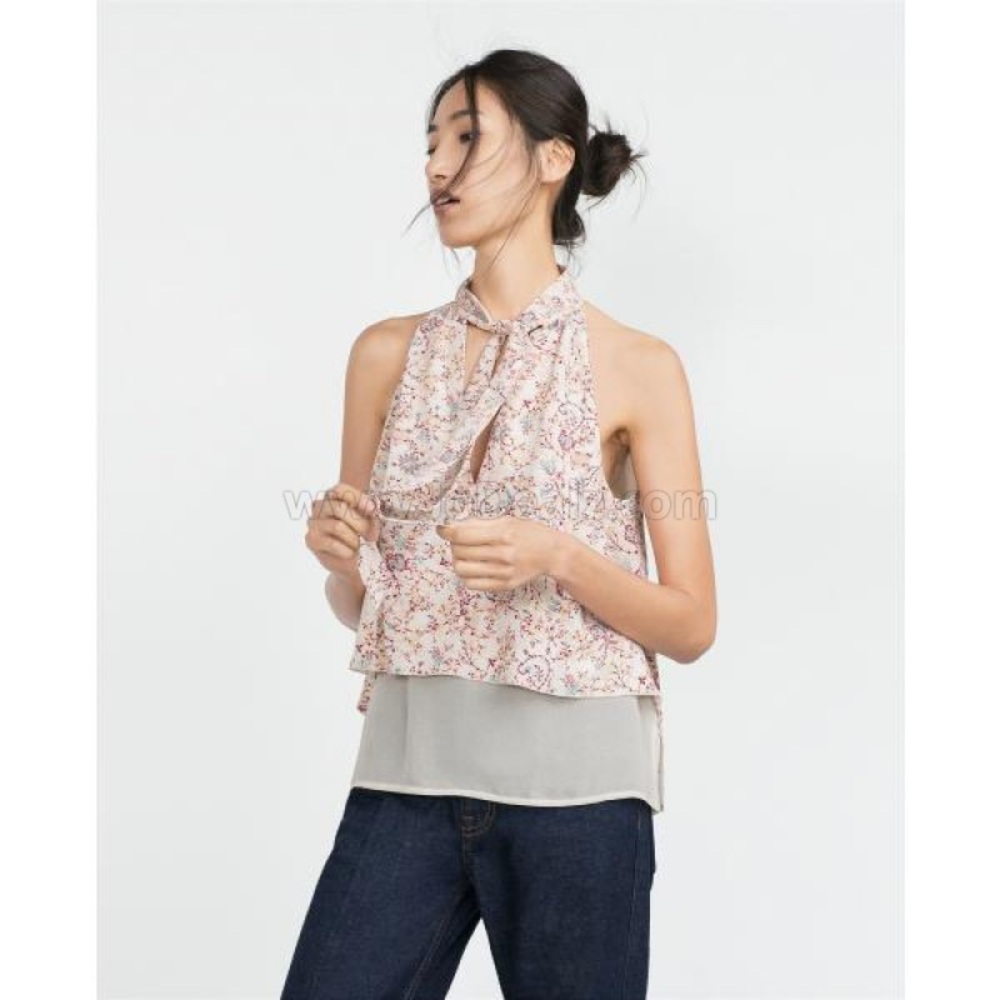 Zara w/b collection floral high neck blouse